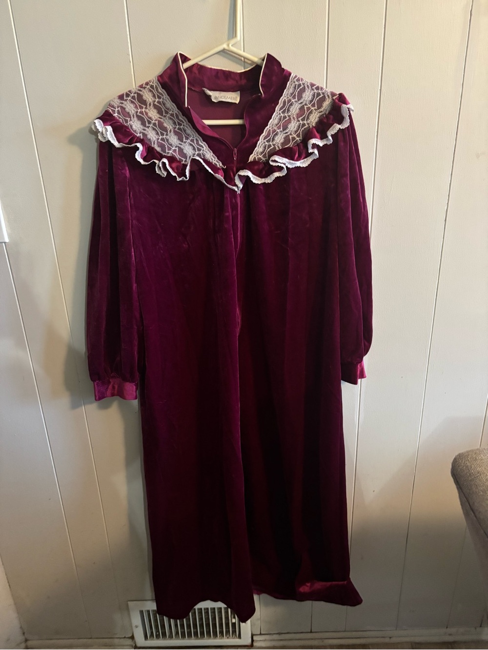 Vintage Van Demere Burgundy Velour Lounge Gown Lace Ruffle Maxi Dress